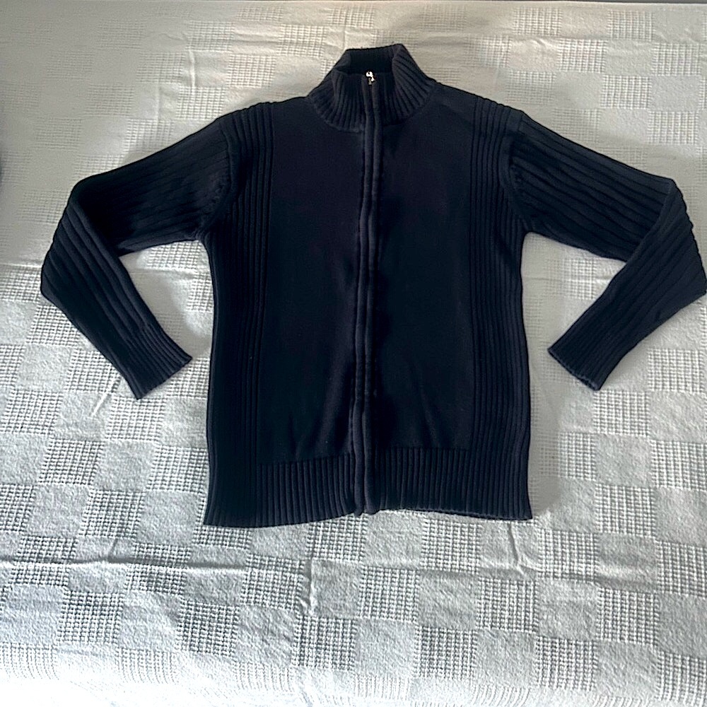 Men's Classic Y2K Ribbed Black Cotton Zip-Up Mock Neck Sweater